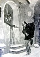 Bild 7 - Wandergeselle vor einer Torwache. Lithographie aus Einsiedler Kalender 1914.
